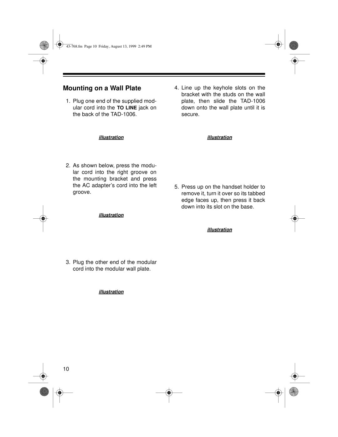 Radio Shack TAD-1006 owner manual Mounting on a Wall Plate 