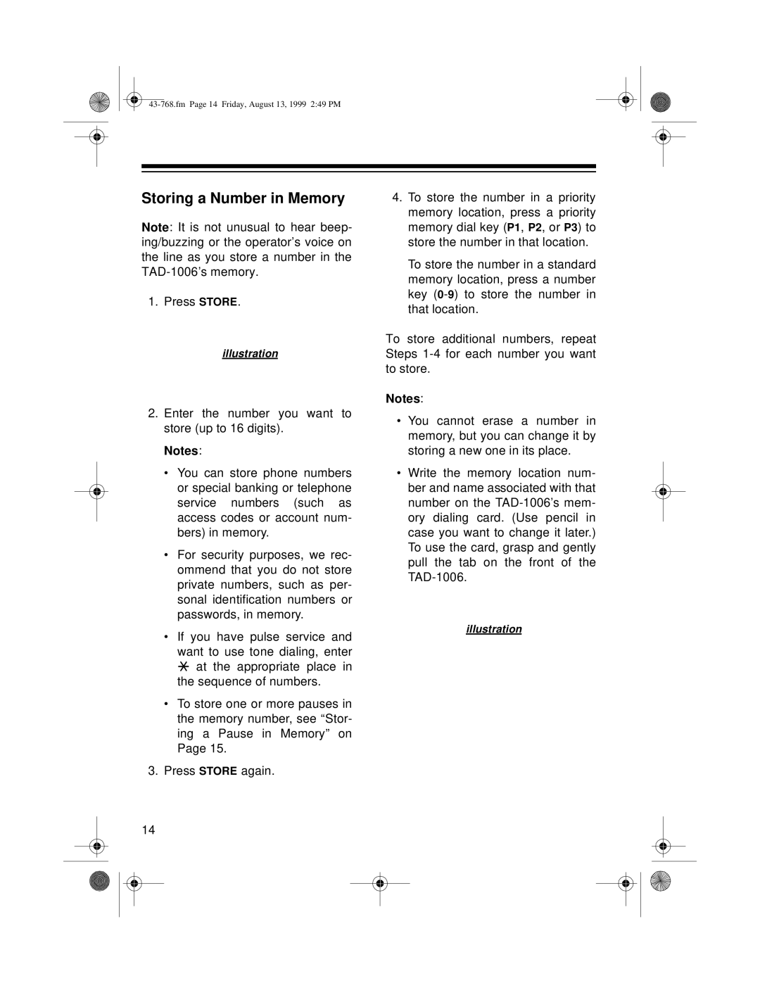 Radio Shack TAD-1006 owner manual Storing a Number in Memory 