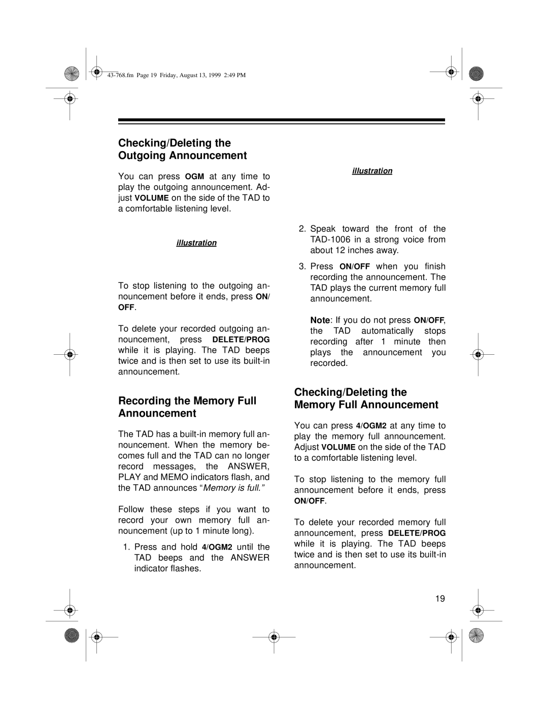 Radio Shack TAD-1006 owner manual Checking/Deleting the Outgoing Announcement, Recording the Memory Full Announcement 