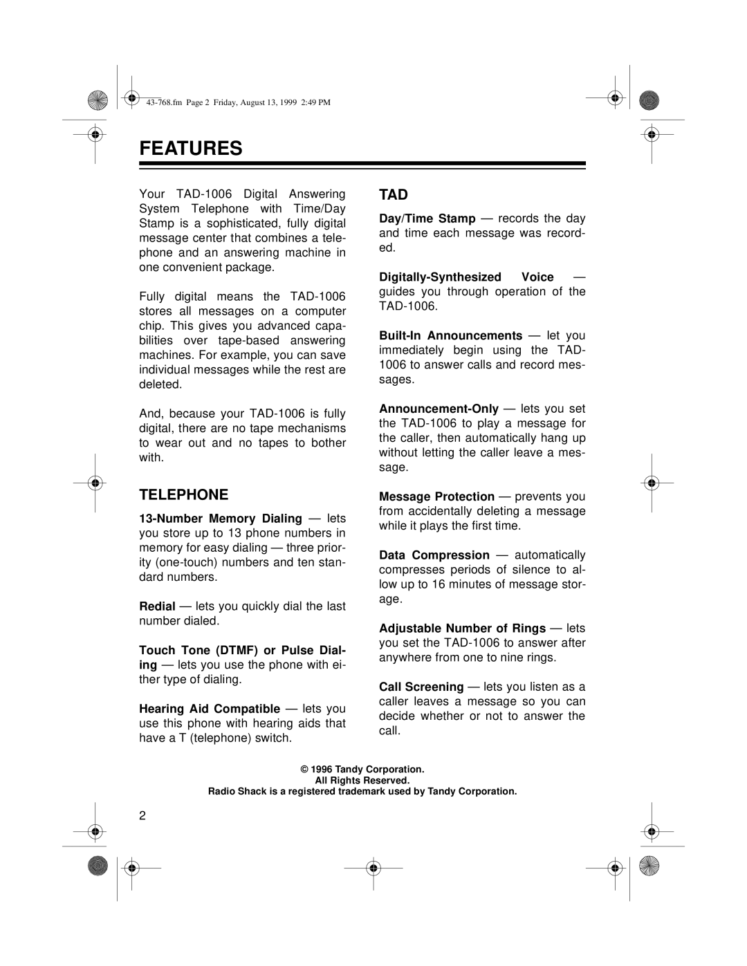 Radio Shack TAD-1006 owner manual Features, Telephone 