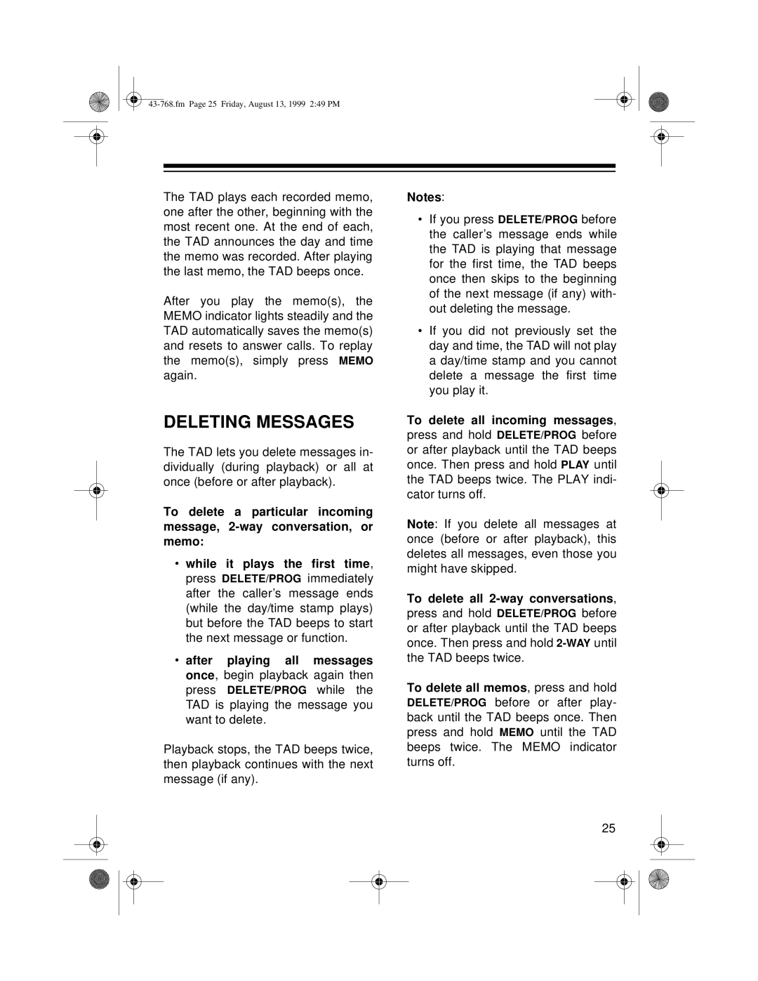 Radio Shack TAD-1006 owner manual Deleting Messages, To delete all incoming messages 