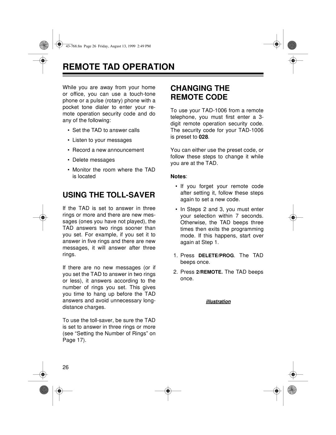 Radio Shack TAD-1006 owner manual Remote TAD Operation, Using the TOLL-SAVER, Changing Remote Code 