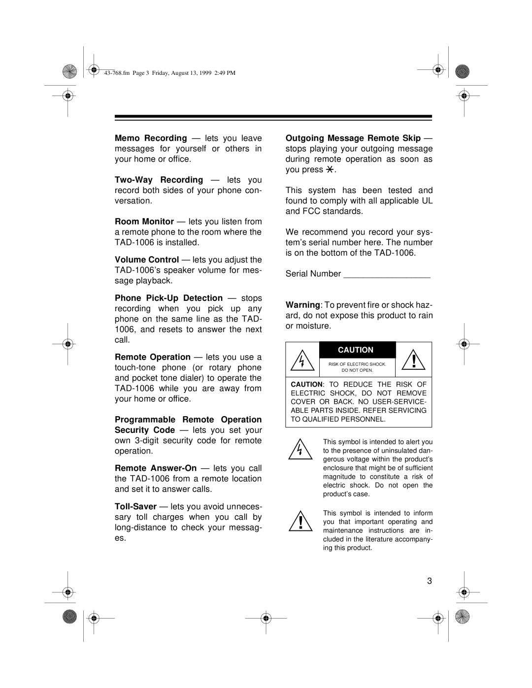 Radio Shack TAD-1006 owner manual Outgoing Message Remote Skip 