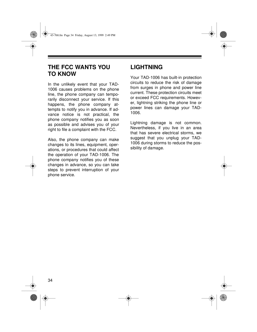 Radio Shack TAD-1006 owner manual FCC Wants YOU to Know, Lightning 