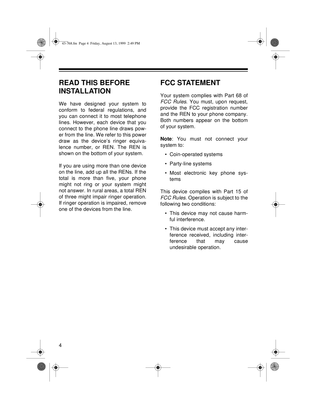 Radio Shack TAD-1006 owner manual Read this Before Installation, FCC Statement 