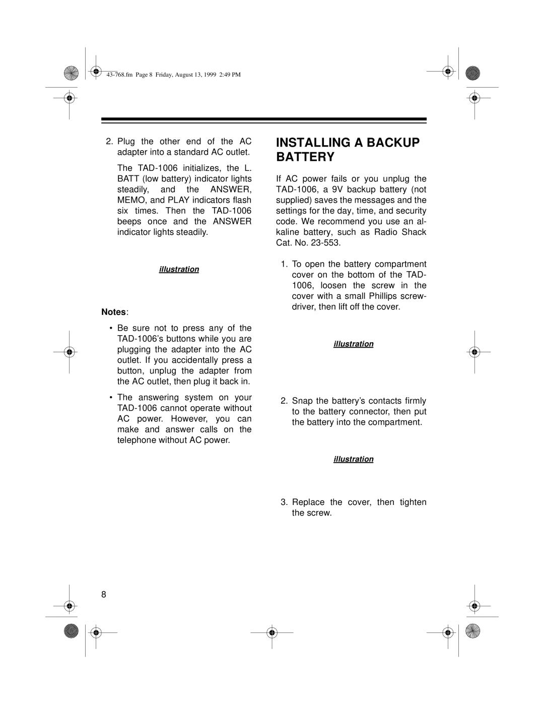 Radio Shack TAD-1006 owner manual Installing a Backup Battery 