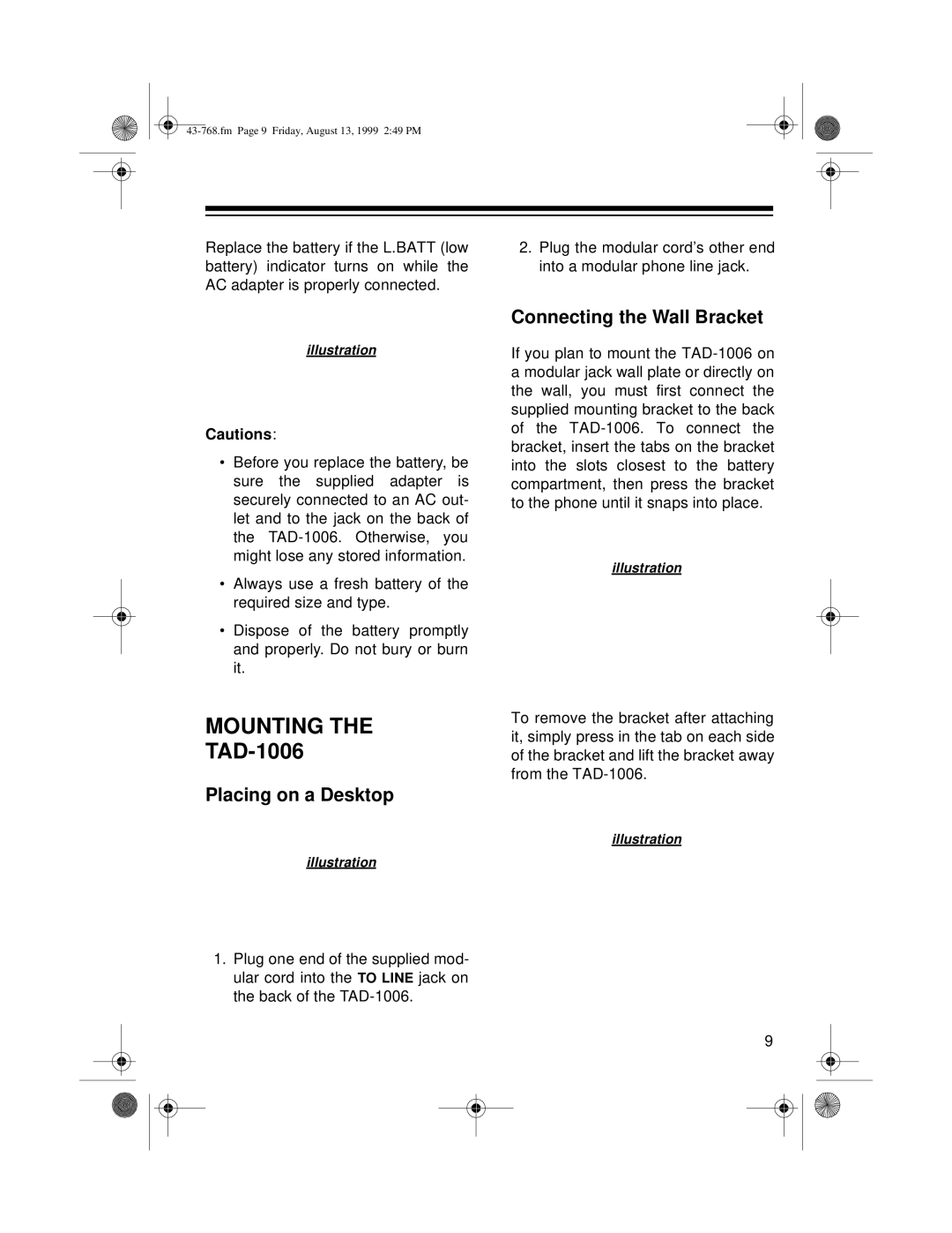 Radio Shack TAD-1006 owner manual Mounting, Placing on a Desktop, Connecting the Wall Bracket 