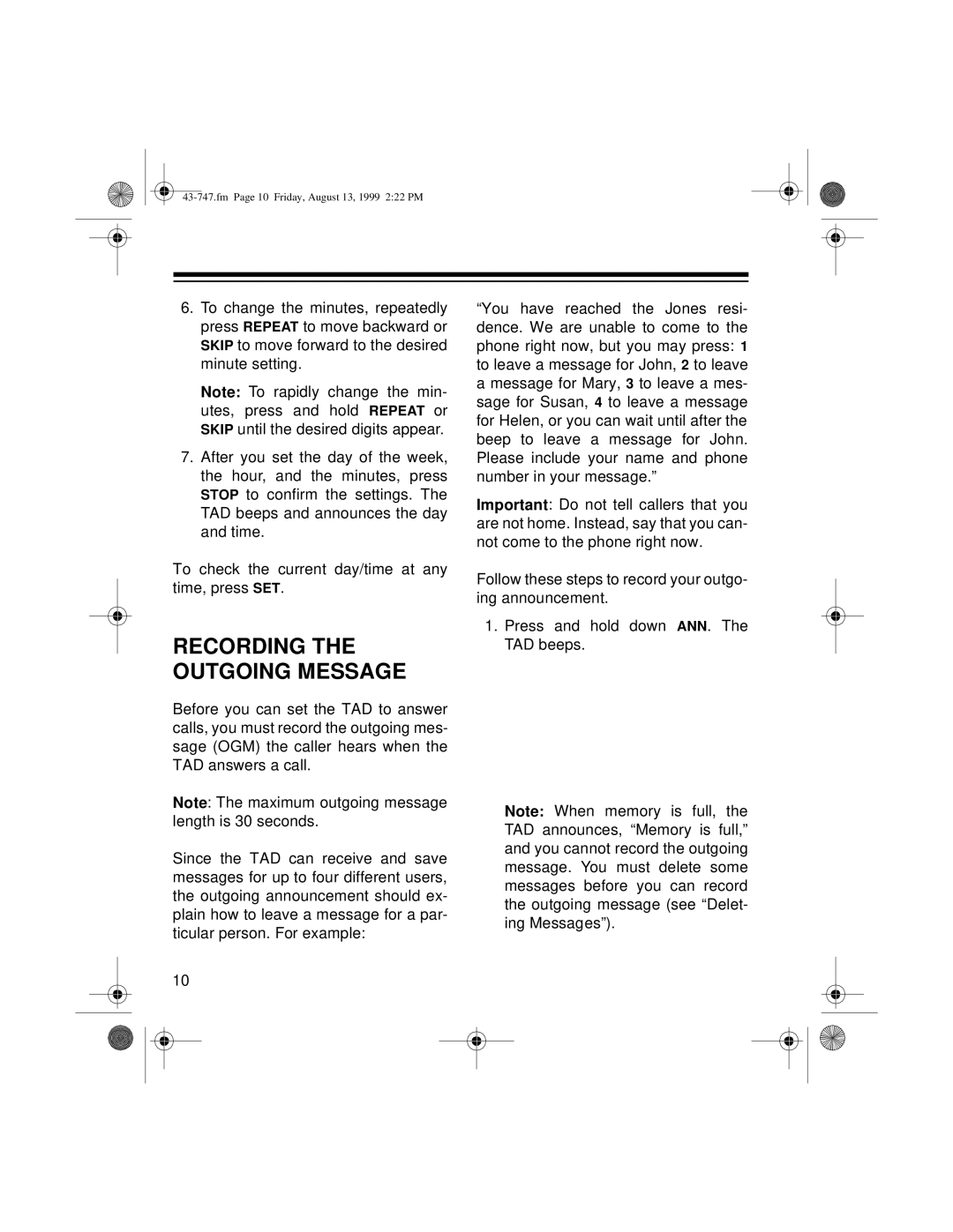 Radio Shack TAD-1007 owner manual Recording the Outgoing Message 