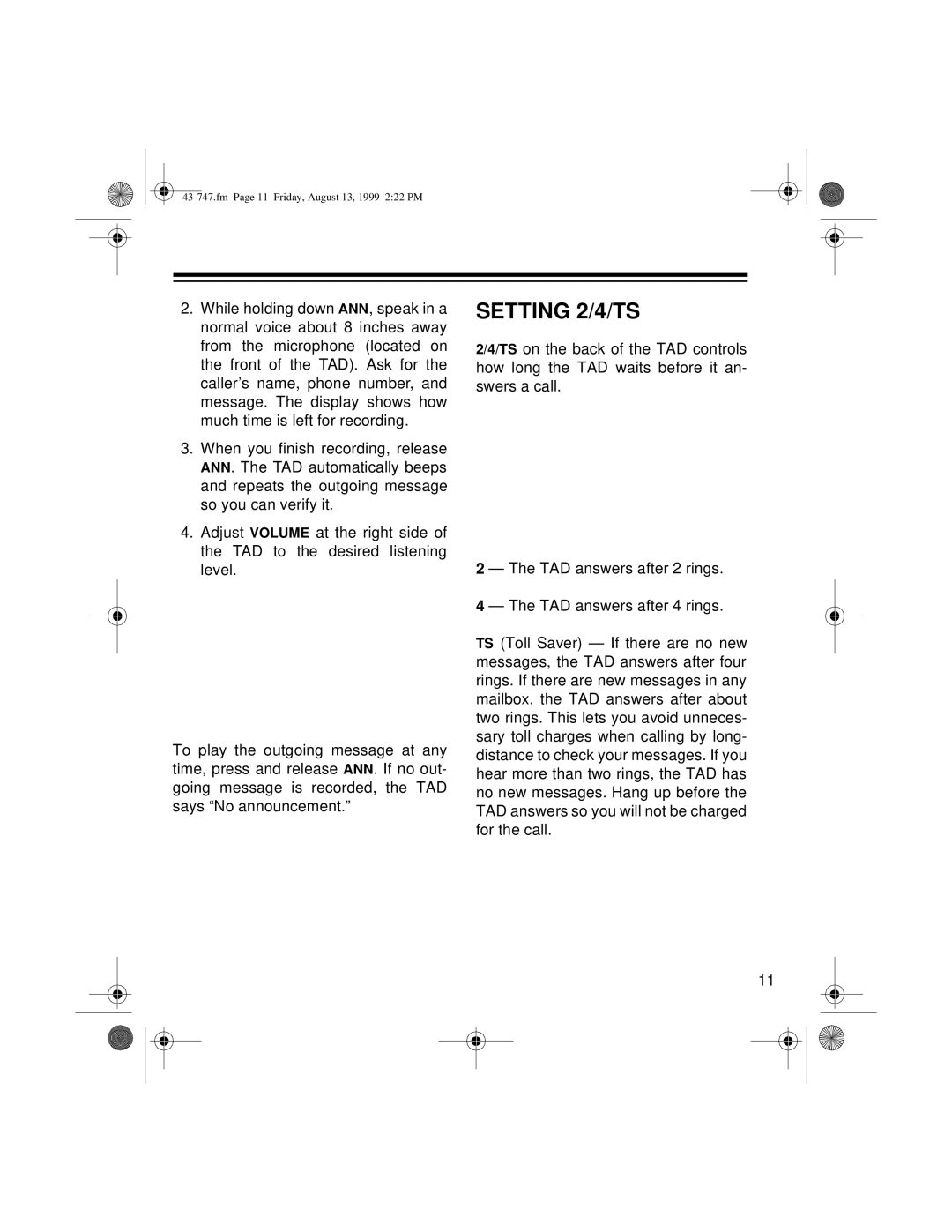 Radio Shack TAD-1007 owner manual Setting 2/4/TS 