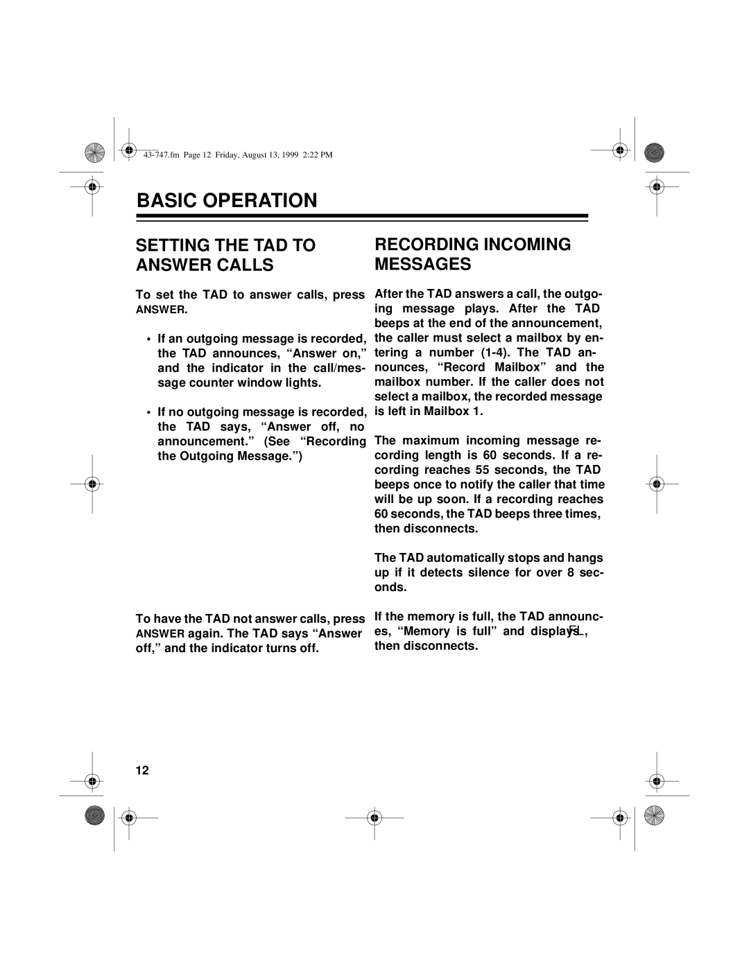 Radio Shack TAD-1007 owner manual Basic Operation, Setting the TAD to Answer Calls, Recording Incoming Messages 