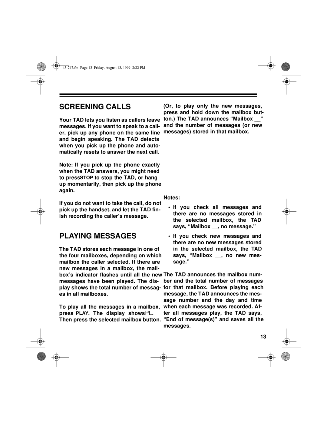 Radio Shack TAD-1007 owner manual Screening Calls, Playing Messages 