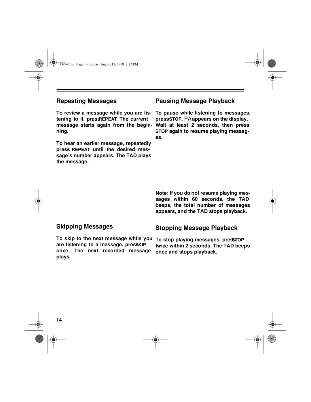 Radio Shack TAD-1007 owner manual Repeating Messages 