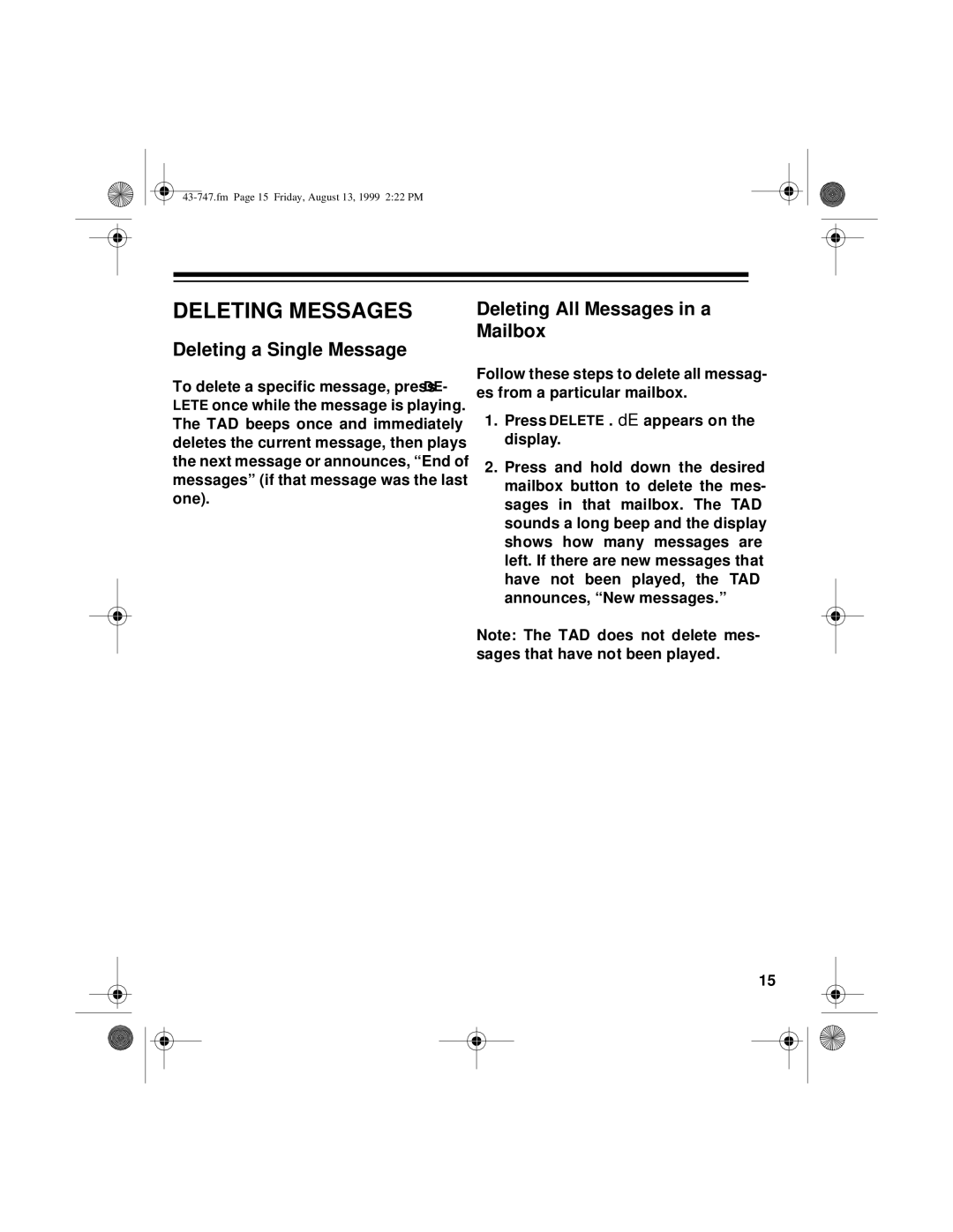 Radio Shack TAD-1007 owner manual Deleting Messages, Deleting a Single Message 