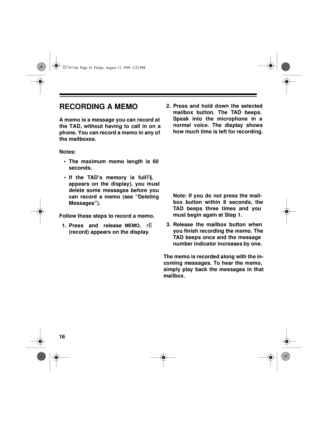 Radio Shack TAD-1007 owner manual Recording a Memo 