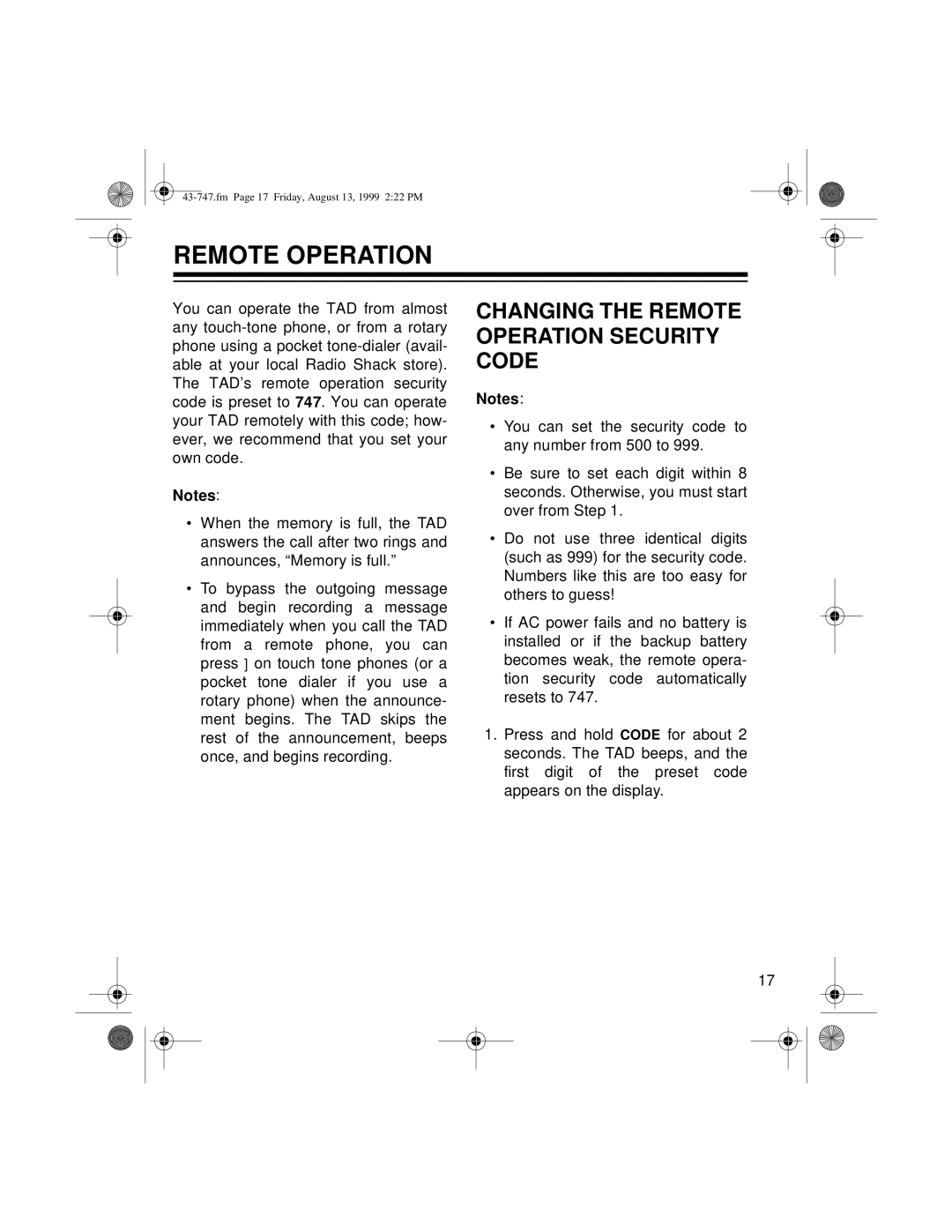 Radio Shack TAD-1007 owner manual Changing the Remote Operation Security Code 