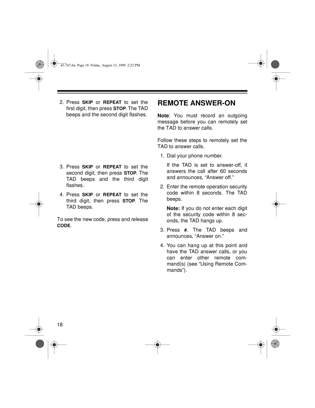 Radio Shack TAD-1007 owner manual Remote ANSWER-ON 