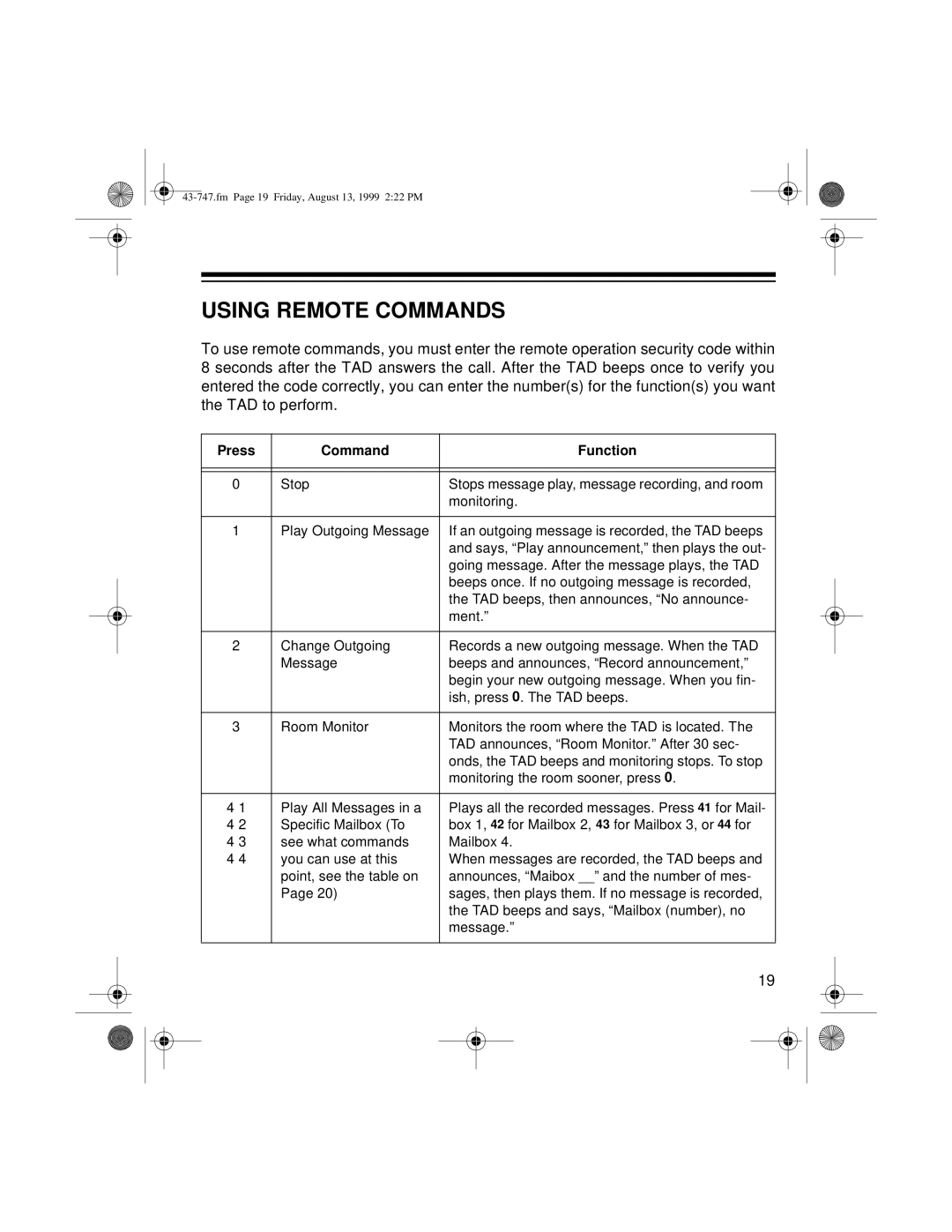 Radio Shack TAD-1007 owner manual Using Remote Commands, Press Command Function 