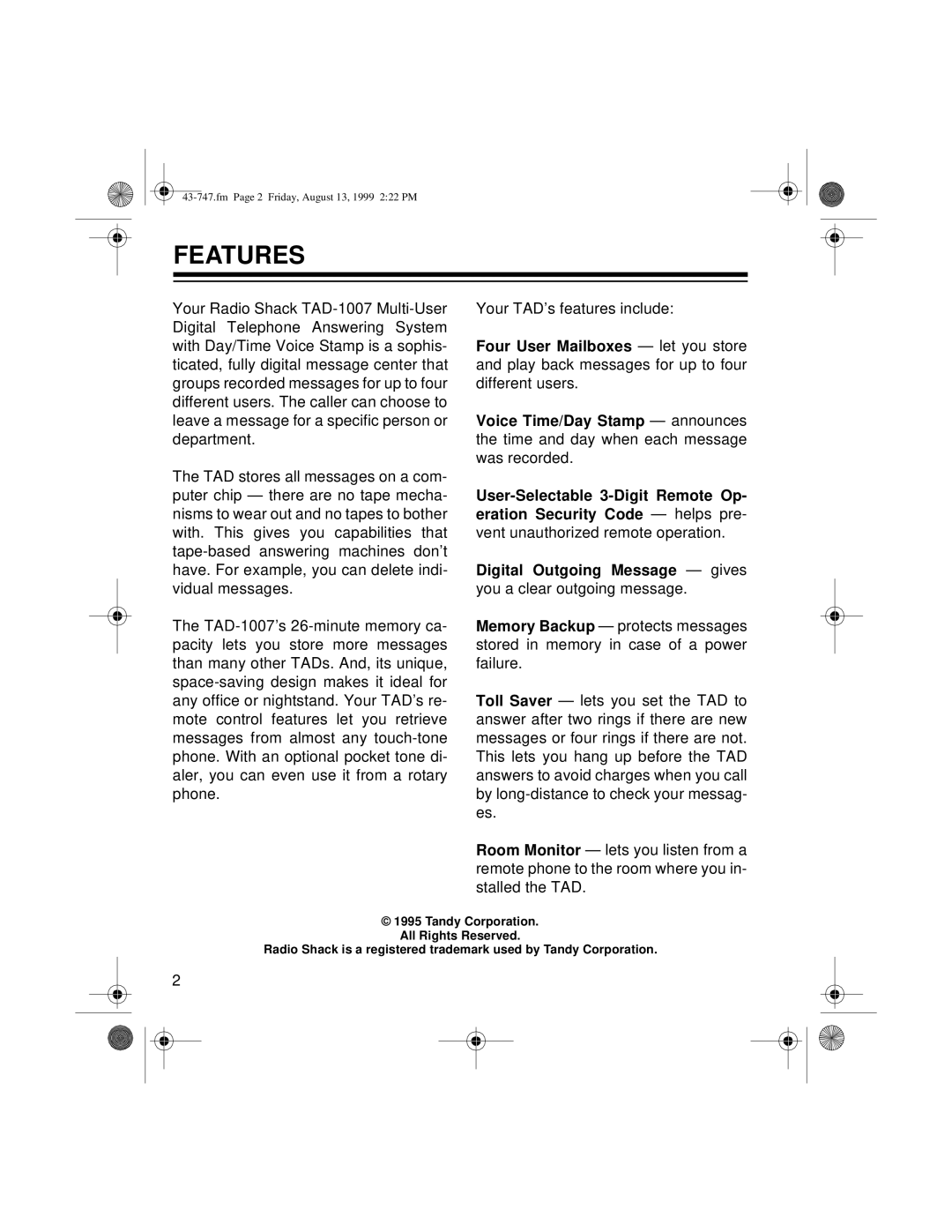 Radio Shack TAD-1007 owner manual Features 