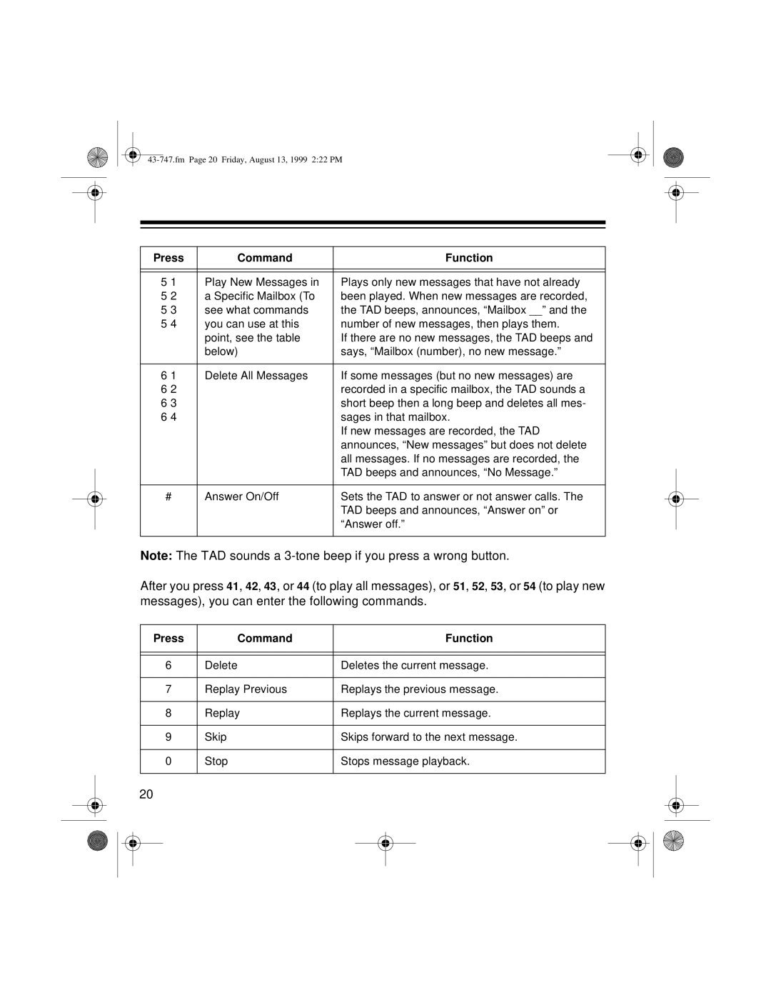 Radio Shack TAD-1007 owner manual Fm Page 20 Friday, August 13, 1999 222 PM 