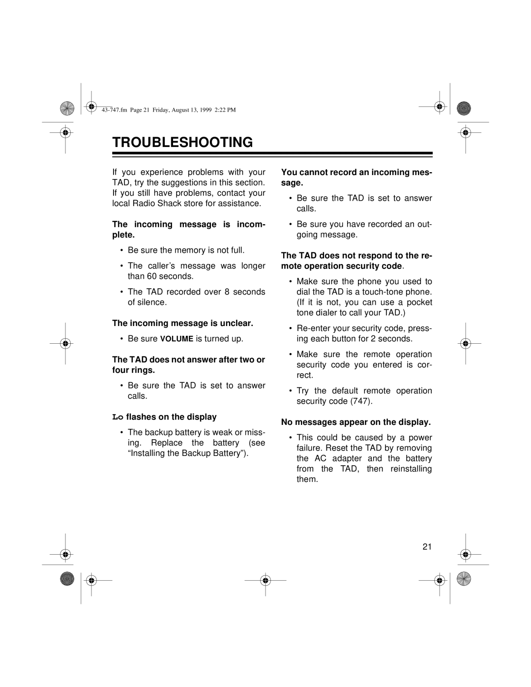 Radio Shack TAD-1007 owner manual Troubleshooting, Incoming message is incom- plete 