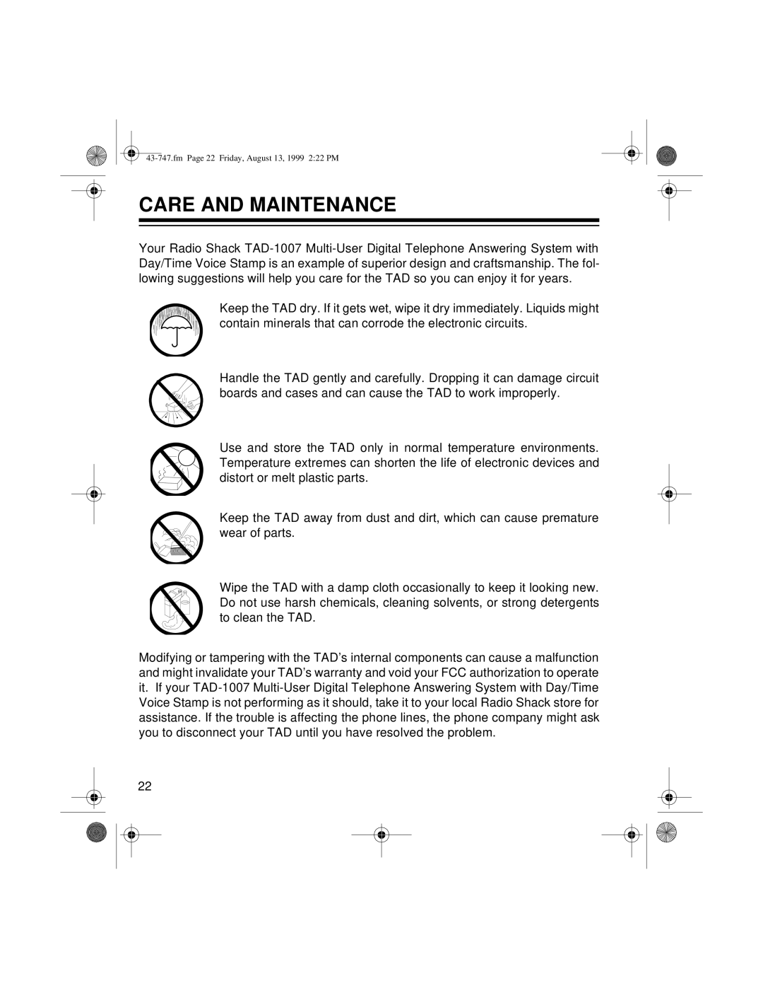 Radio Shack TAD-1007 owner manual Care and Maintenance 