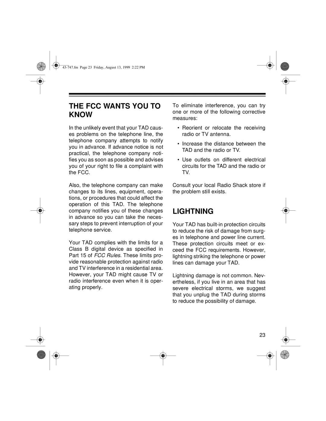 Radio Shack TAD-1007 owner manual FCC Wants YOU to Know, Lightning 