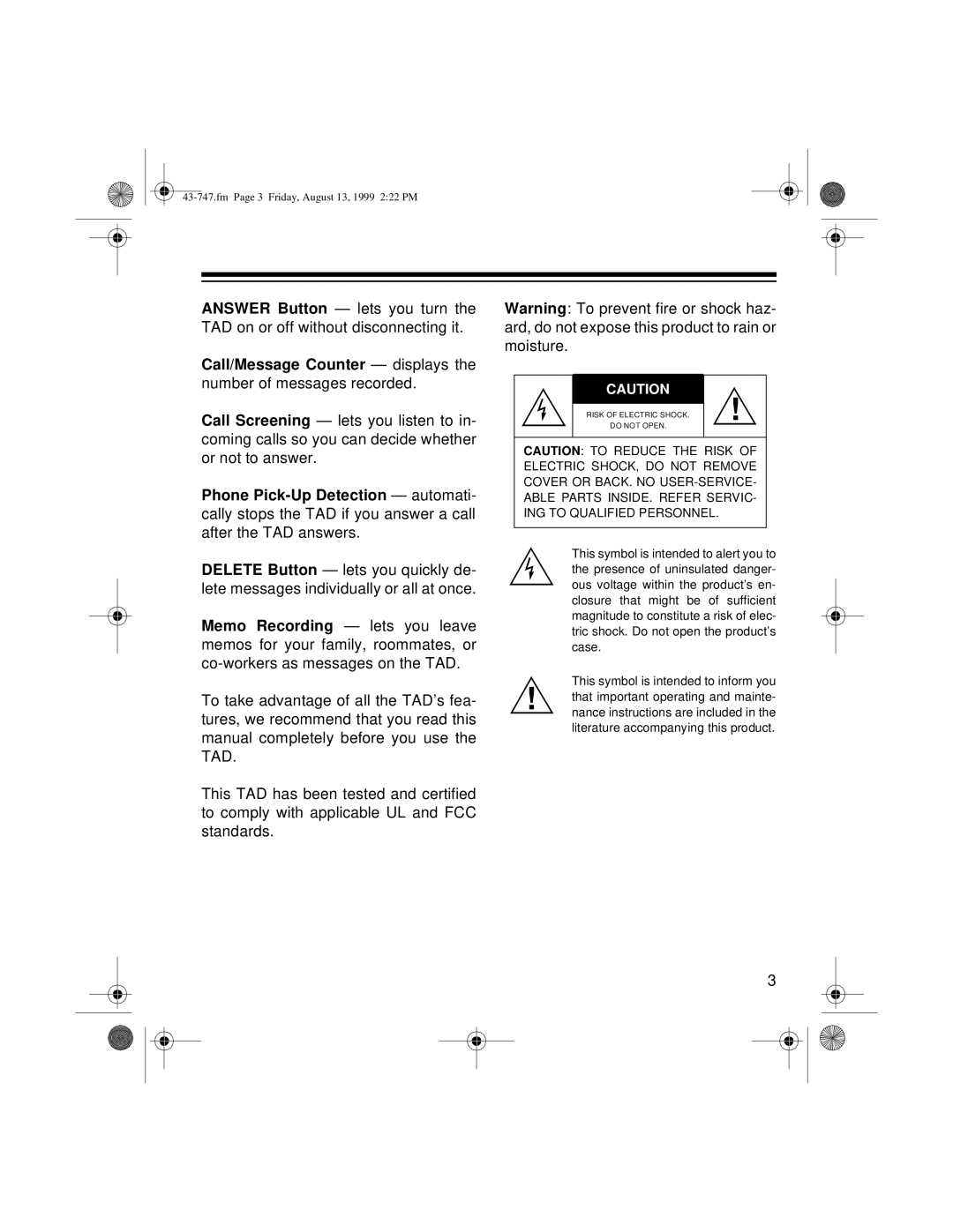 Radio Shack TAD-1007 owner manual Fm Page 3 Friday, August 13, 1999 222 PM 