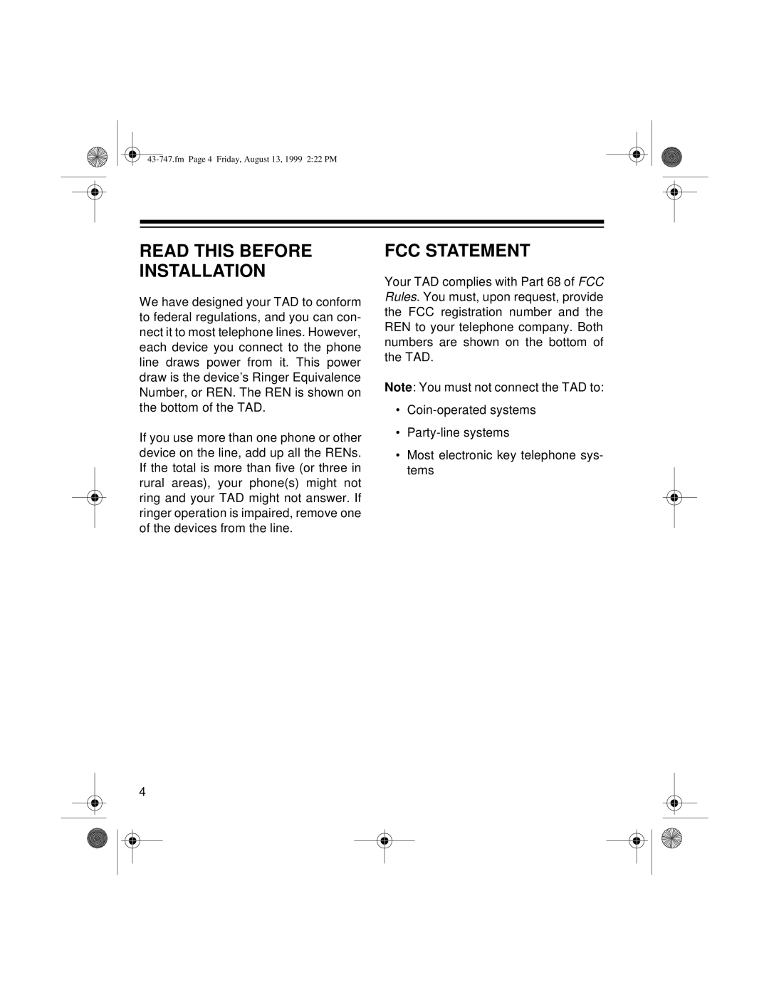 Radio Shack TAD-1007 owner manual Read this Before Installation, FCC Statement 