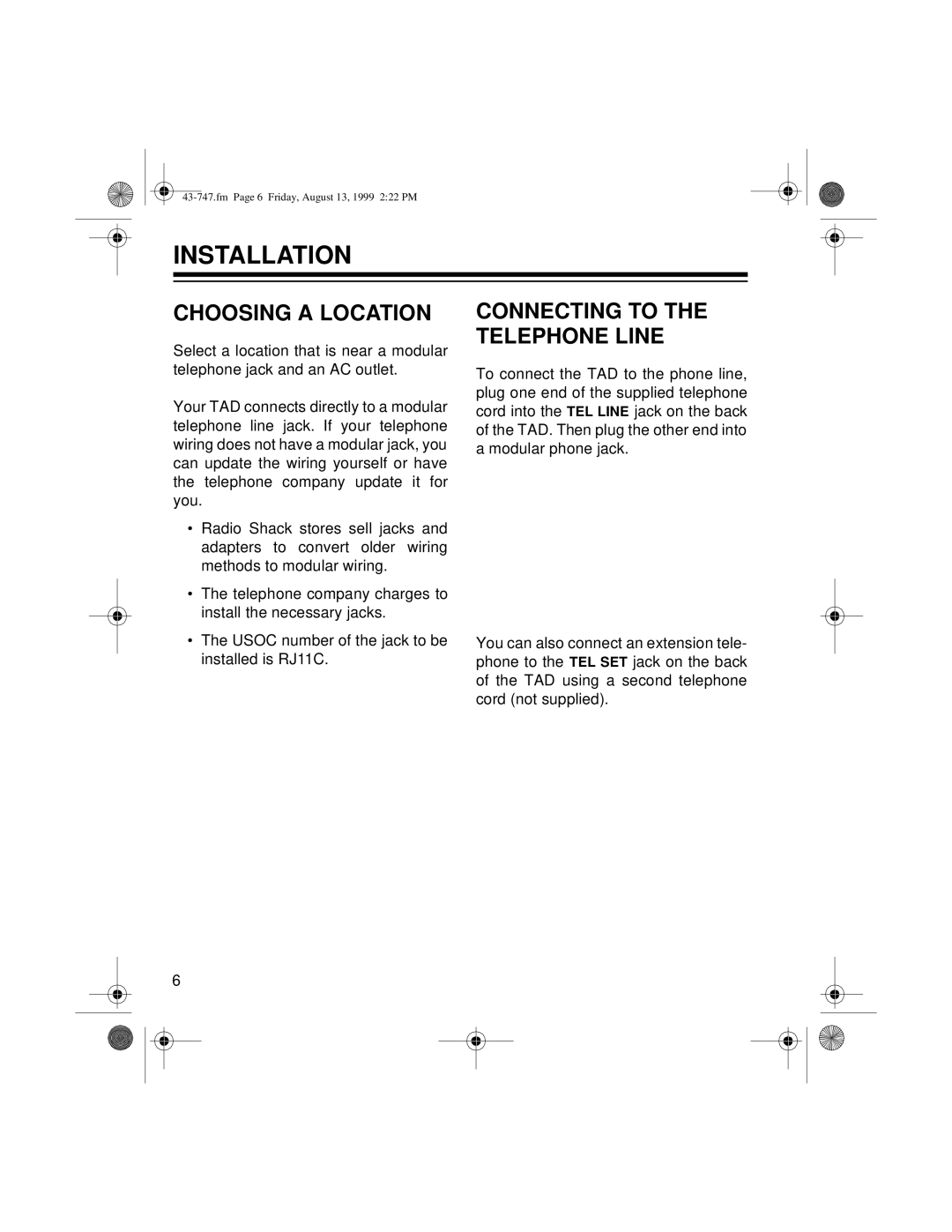 Radio Shack TAD-1007 owner manual Installation, Choosing a Location 