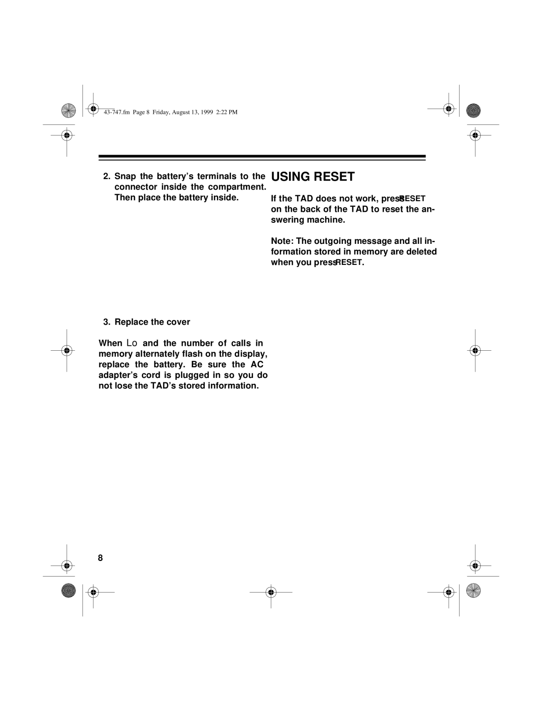 Radio Shack TAD-1007 owner manual Using Reset 