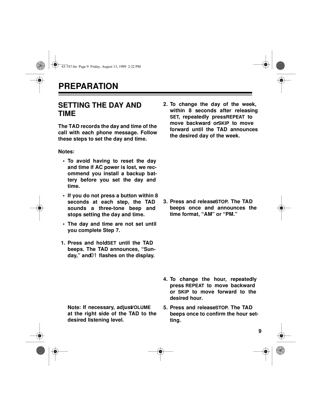 Radio Shack TAD-1007 owner manual Preparation, Setting the DAY and Time 