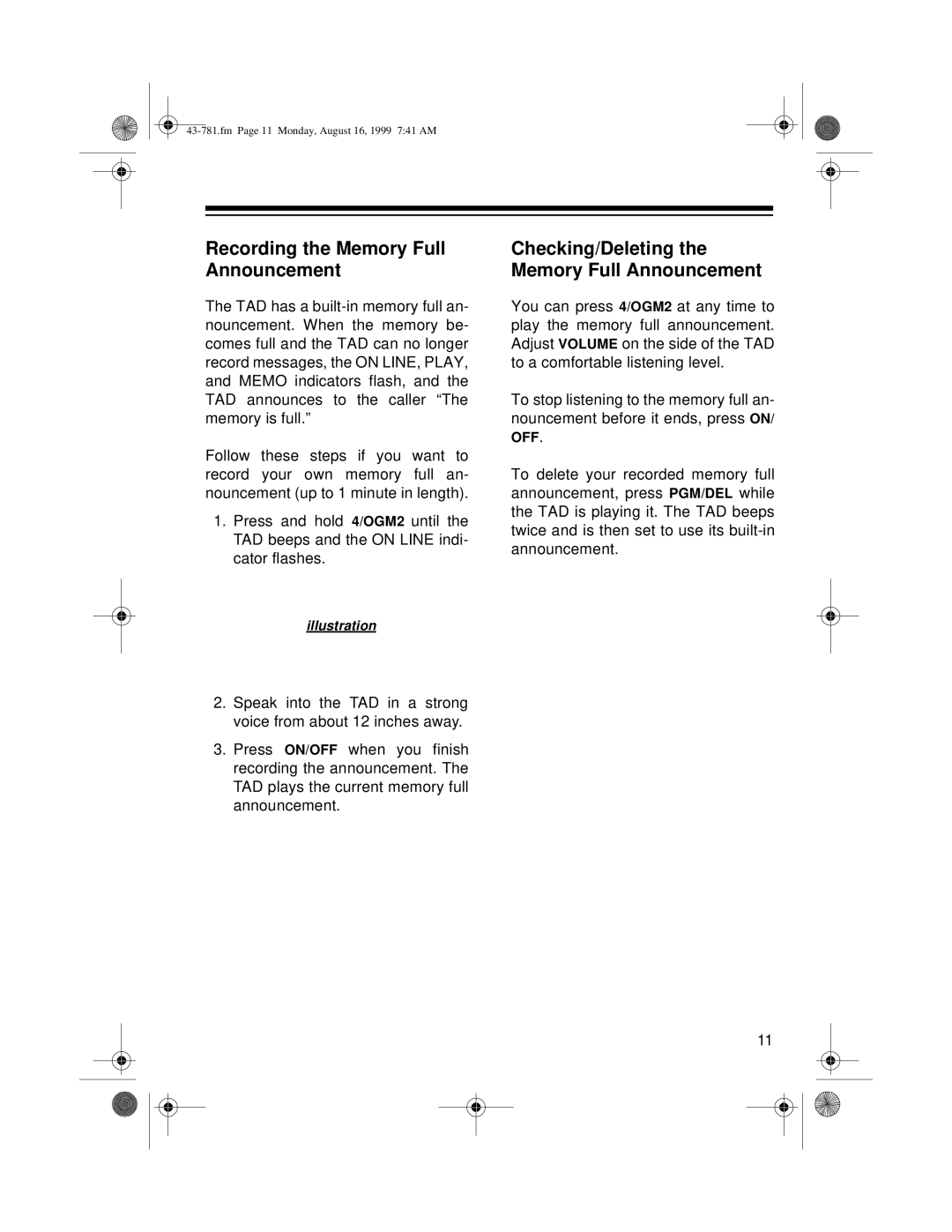 Radio Shack TAD-1009 owner manual Recording the Memory Full Announcement, Checking/Deleting the Memory Full Announcement 