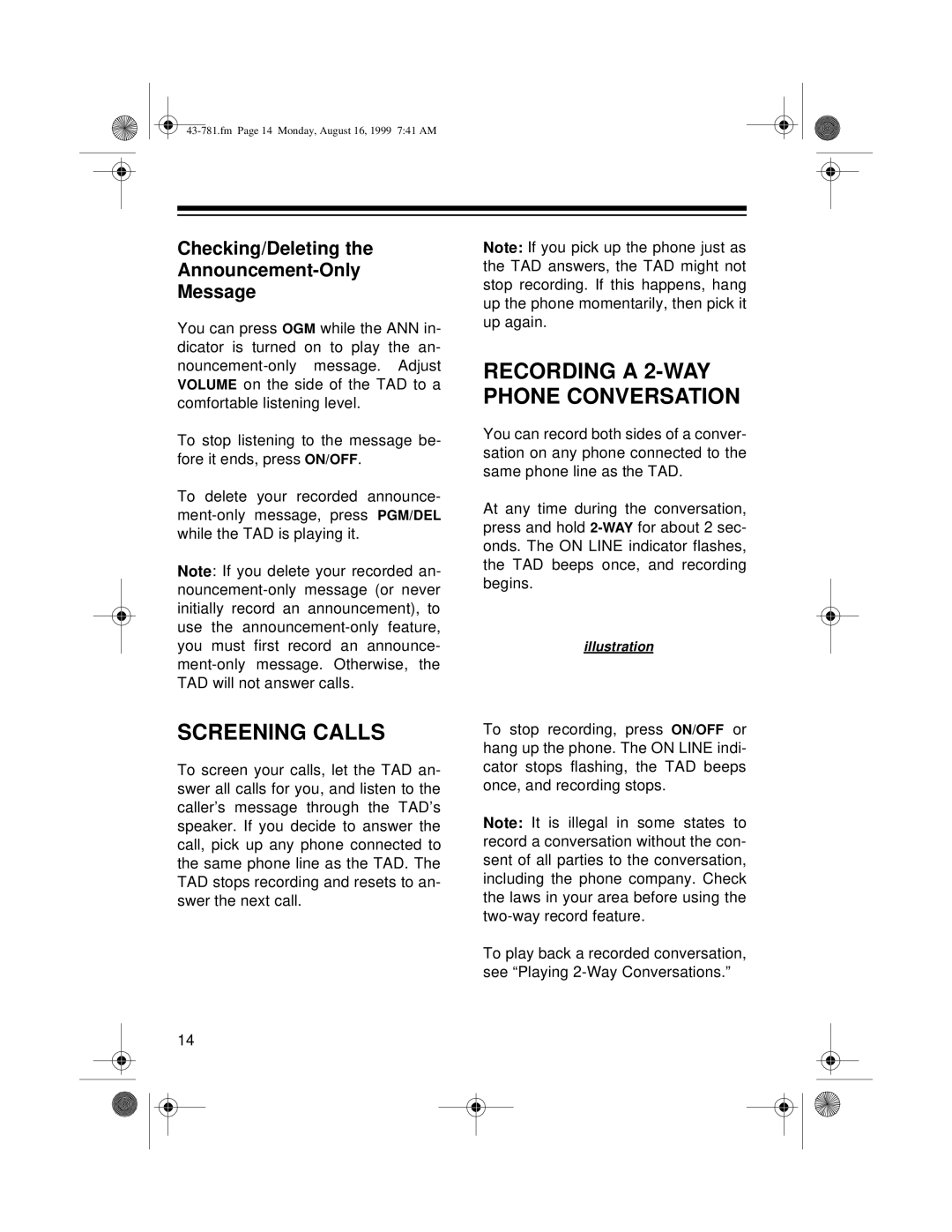 Radio Shack TAD-1009 Screening Calls, Recording a 2-WAY Phone Conversation, Checking/Deleting Announcement-Only Message 