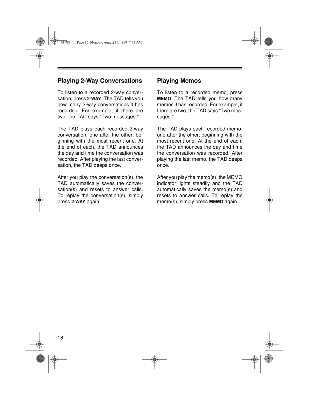 Radio Shack TAD-1009 owner manual Playing 2-Way Conversations, Playing Memos 