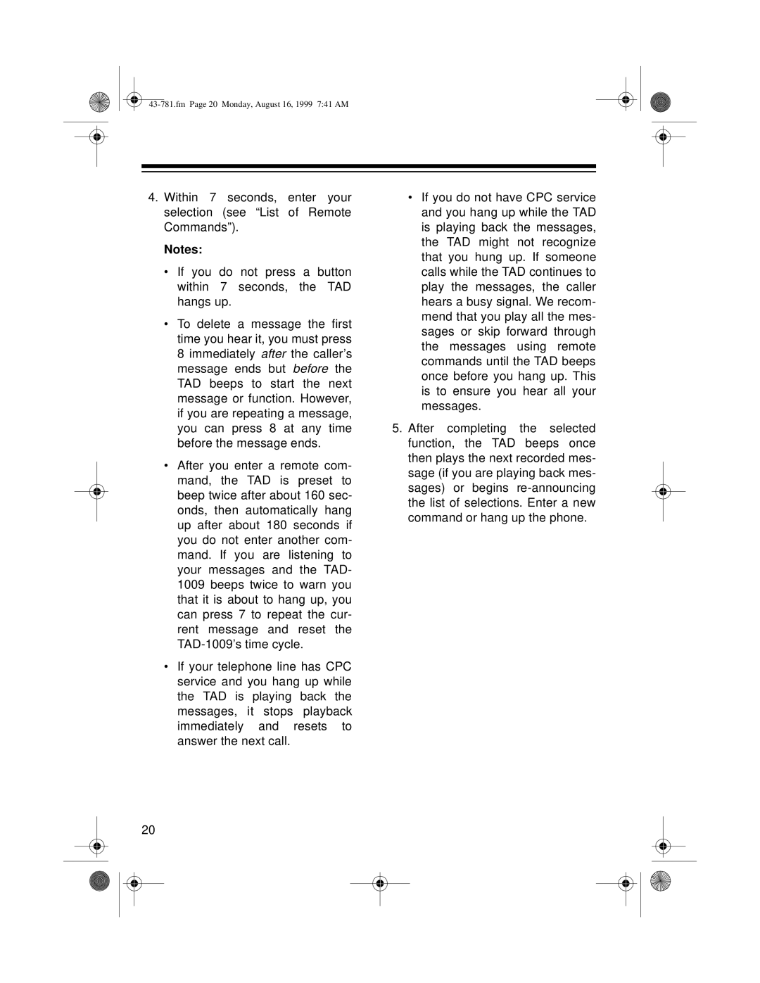 Radio Shack TAD-1009 owner manual Fm Page 20 Monday, August 16, 1999 741 AM 