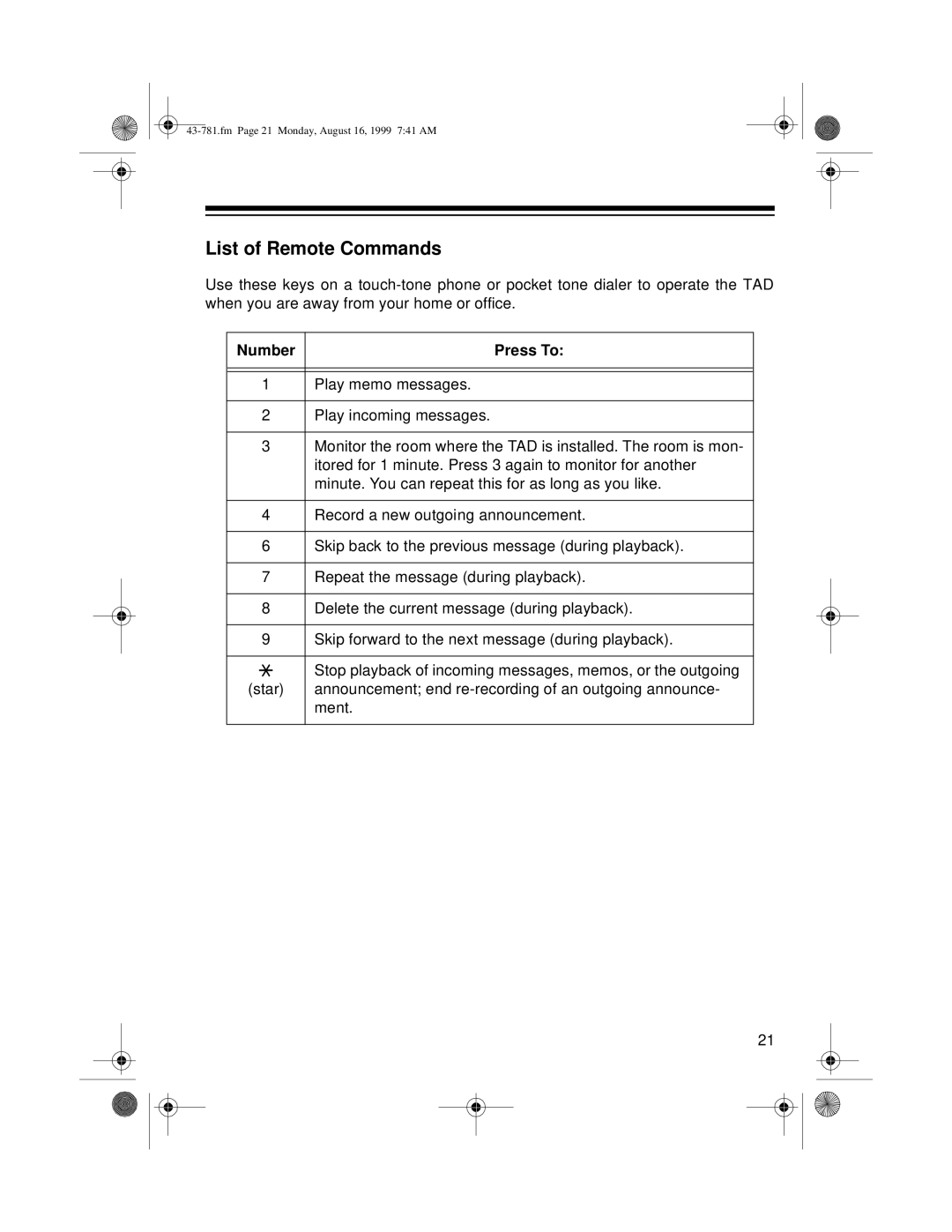 Radio Shack TAD-1009 owner manual List of Remote Commands, Number Press To 