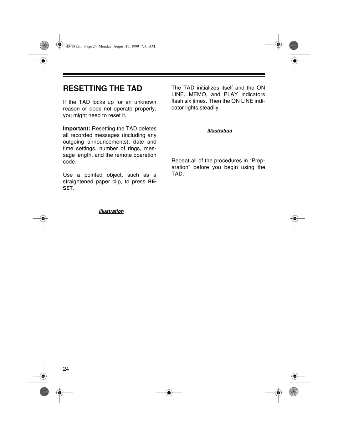 Radio Shack TAD-1009 owner manual Resetting the TAD 