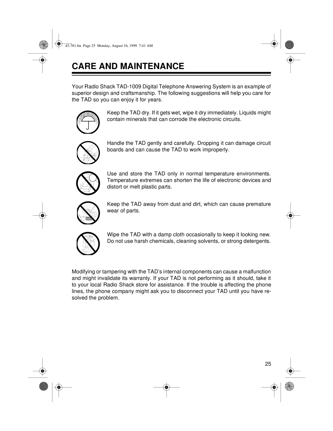 Radio Shack TAD-1009 owner manual Care and Maintenance 