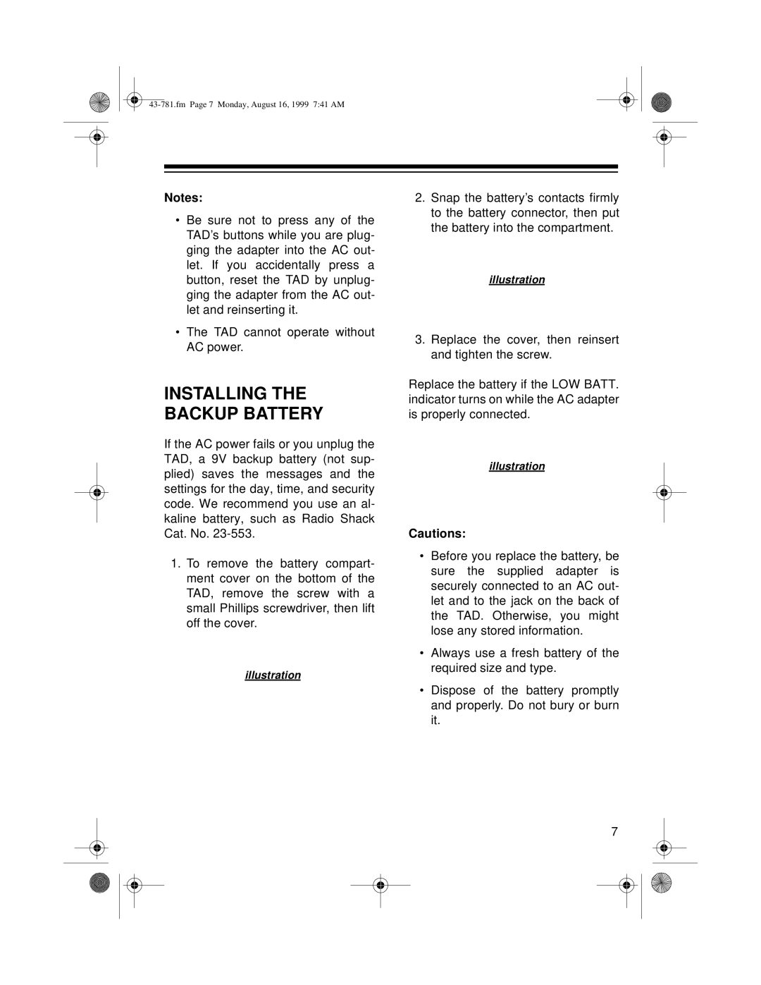 Radio Shack TAD-1009 owner manual Installing the Backup Battery 