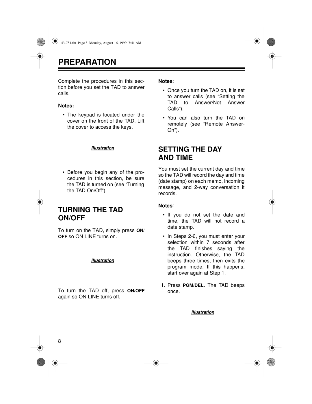 Radio Shack TAD-1009 owner manual Preparation, Setting the DAY and Time, Turning the TAD ON/OFF 