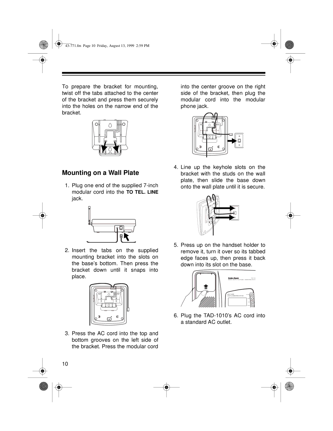 Radio Shack TAD-1010 owner manual Mounting on a Wall Plate 