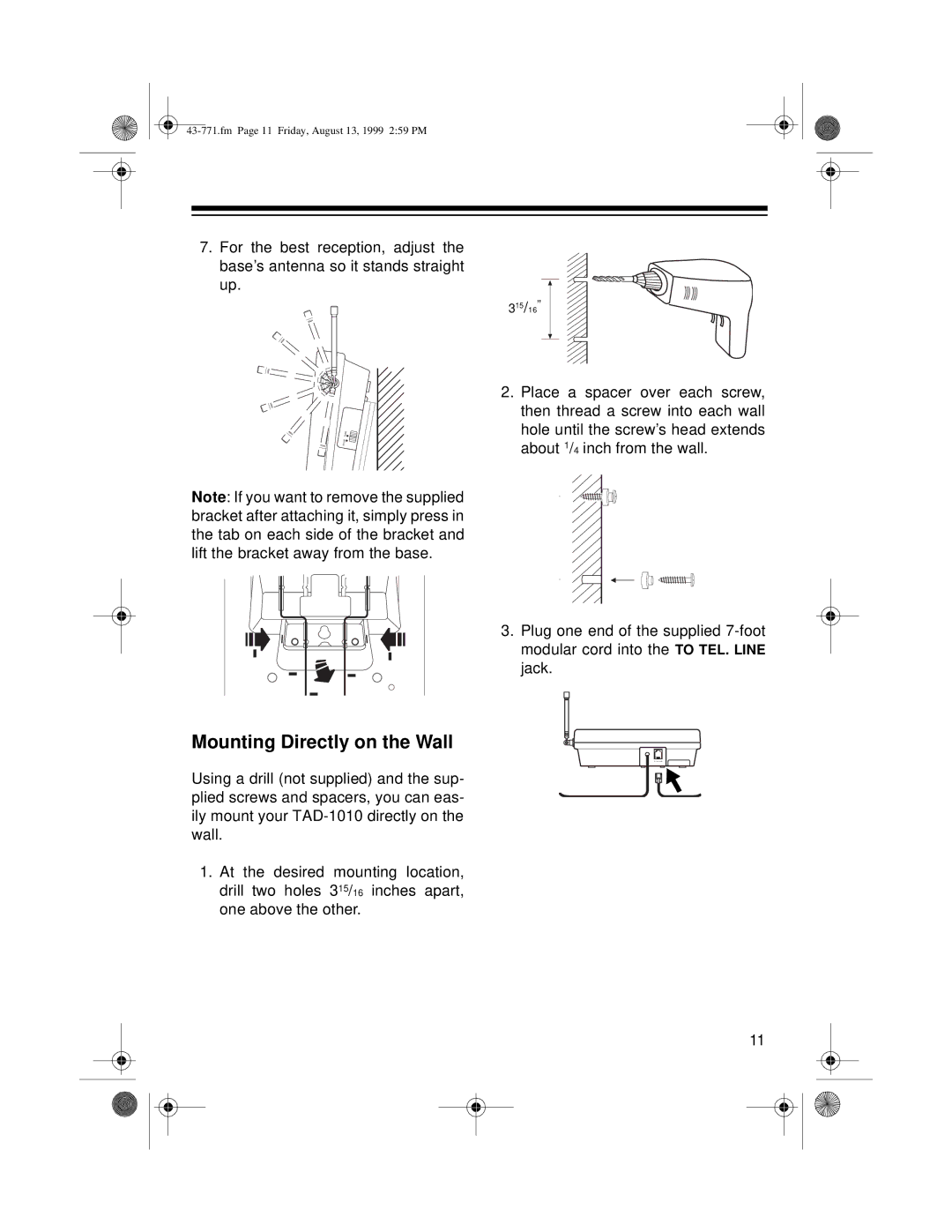 Radio Shack TAD-1010 owner manual Mounting Directly on the Wall 