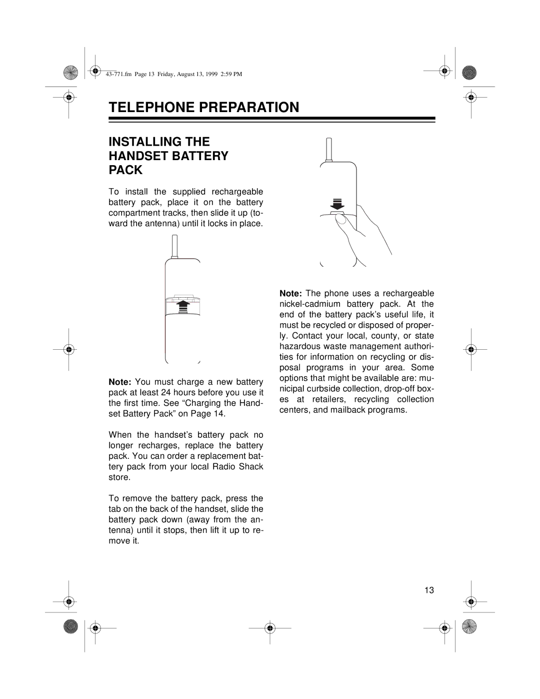 Radio Shack TAD-1010 owner manual Telephone Preparation, Installing the Handset Battery Pack 