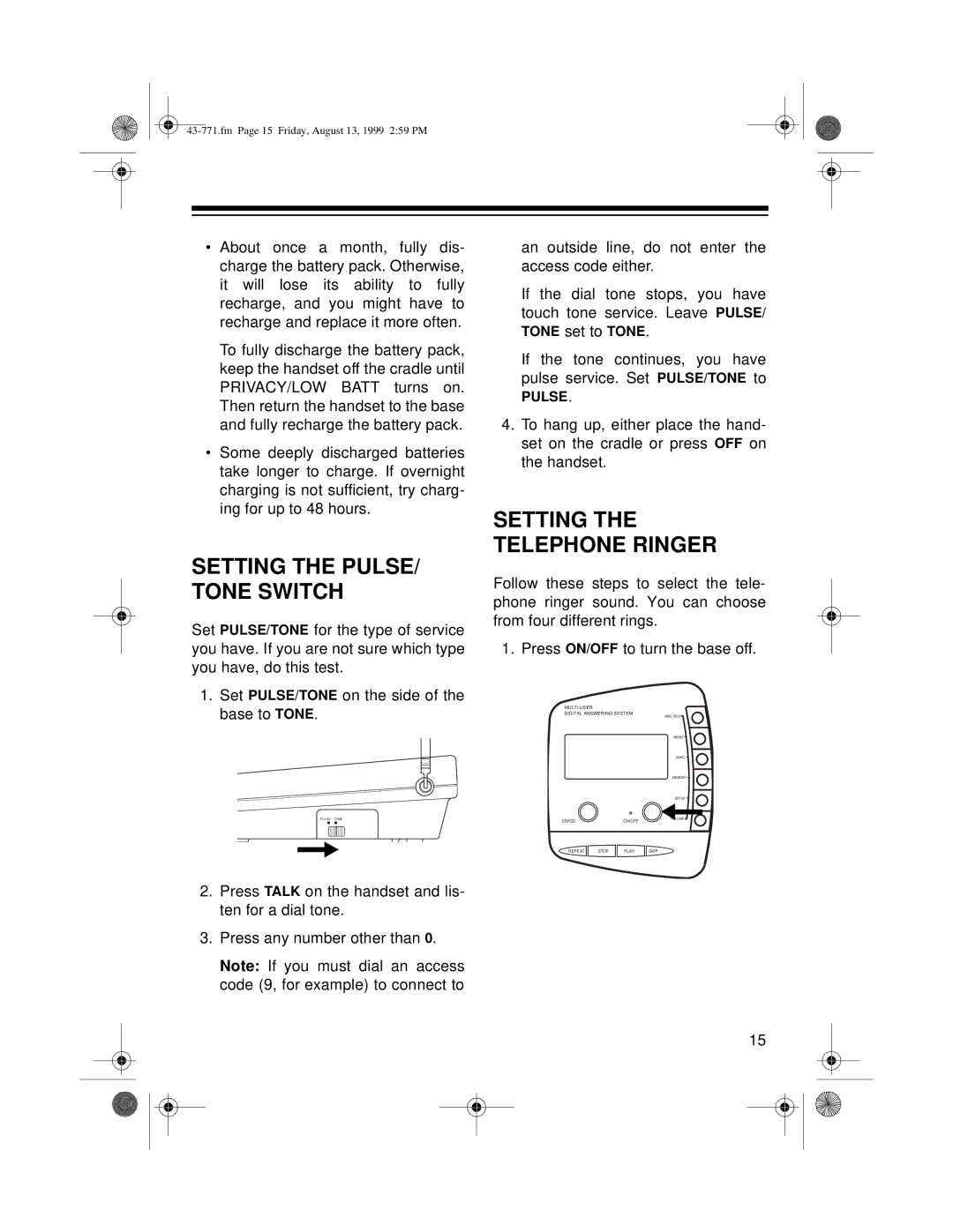 Radio Shack TAD-1010 owner manual Setting the Telephone Ringer, Setting the PULSE/ Tone Switch 