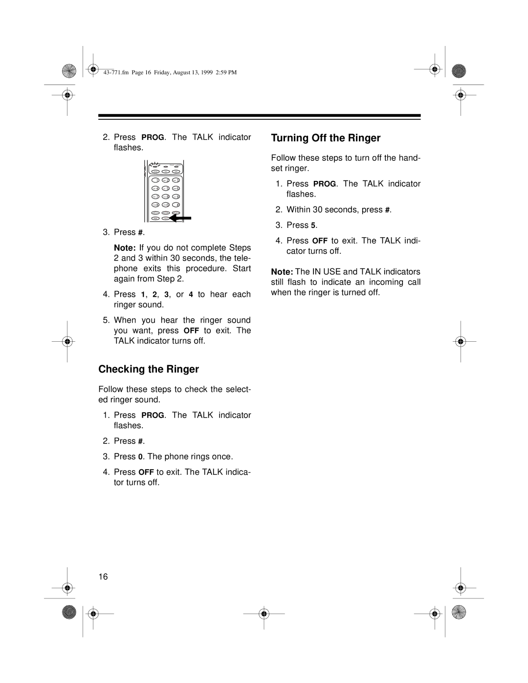 Radio Shack TAD-1010 owner manual Checking the Ringer, Turning Off the Ringer 