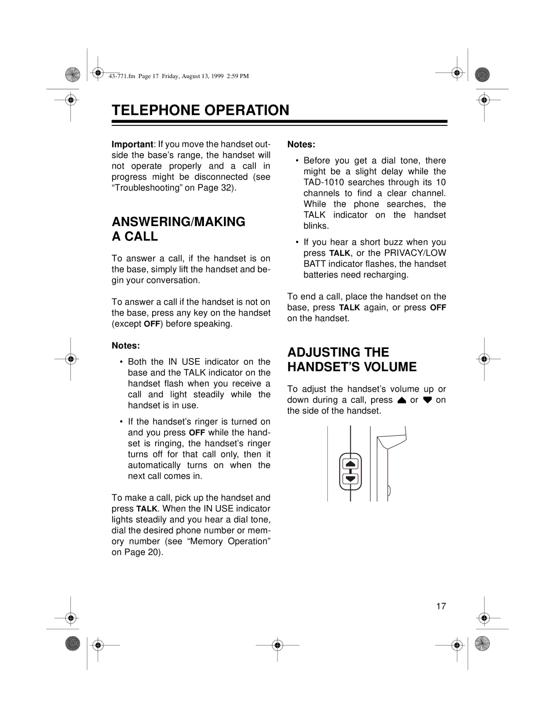 Radio Shack TAD-1010 owner manual Telephone Operation, ANSWERING/MAKING a Call 