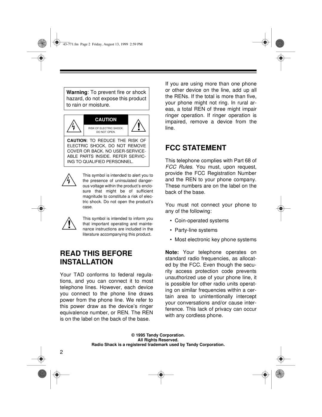 Radio Shack TAD-1010 owner manual FCC Statement, Read this Before Installation 