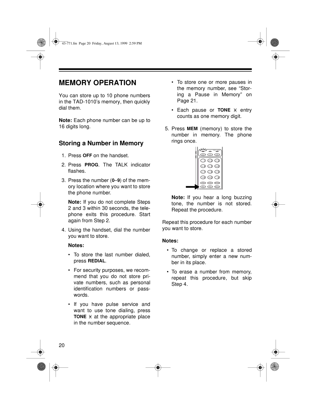 Radio Shack TAD-1010 owner manual Memory Operation, Storing a Number in Memory 