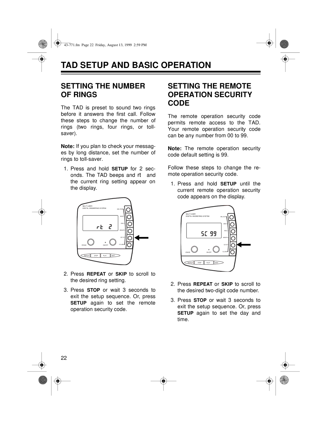 Radio Shack TAD-1010 owner manual TAD Setup and Basic Operation, Setting the Number of Rings 