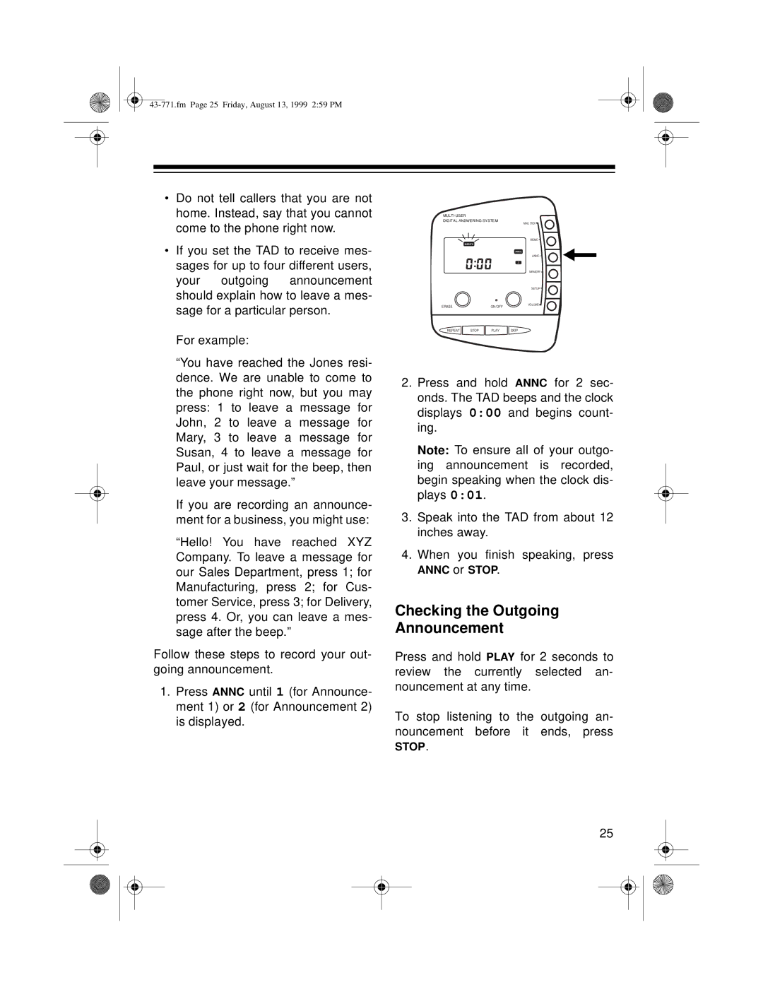 Radio Shack TAD-1010 owner manual Checking the Outgoing Announcement 